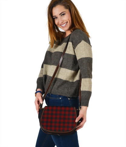 Black and White Buffalo Plaid Print Black Canvas Leather Trim Saddle Bag