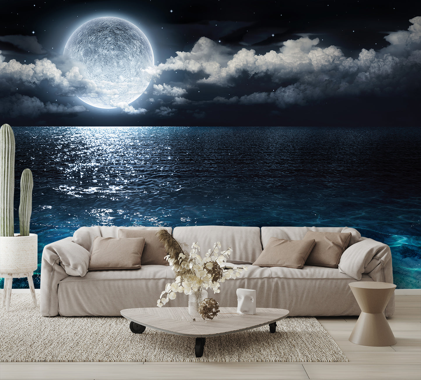 Designed Wall Mural Full Moon Wallpaper on Sea at Night living room couch