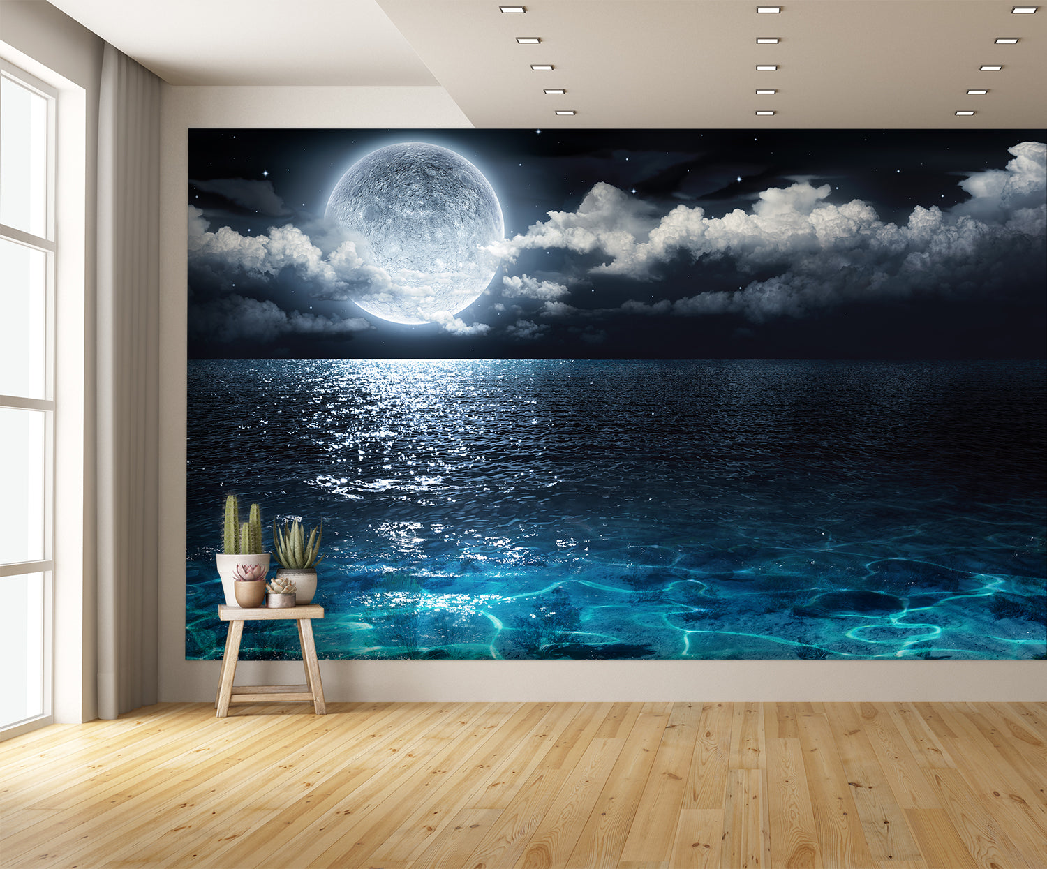 Designed Wall Mural Full Moon Wallpaper on Sea at Night extra room