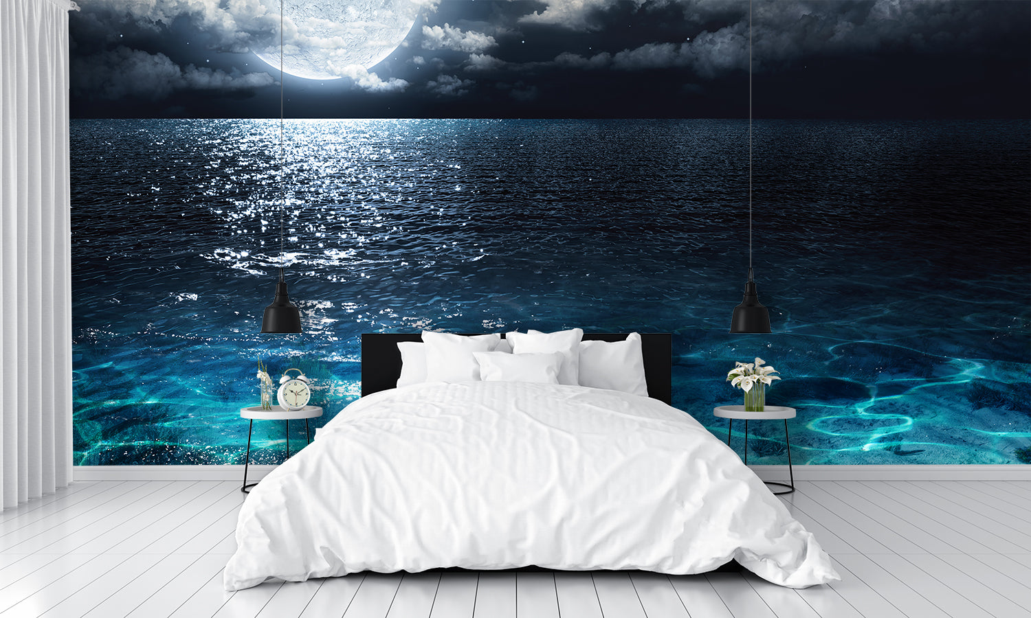 Designed Wall Mural Full Moon Wallpaper on Sea at Night bedroom