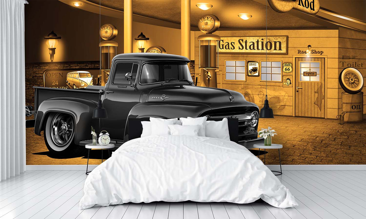 Car Art 1956 Ford Pickup Truck Gas Station Wall Mural