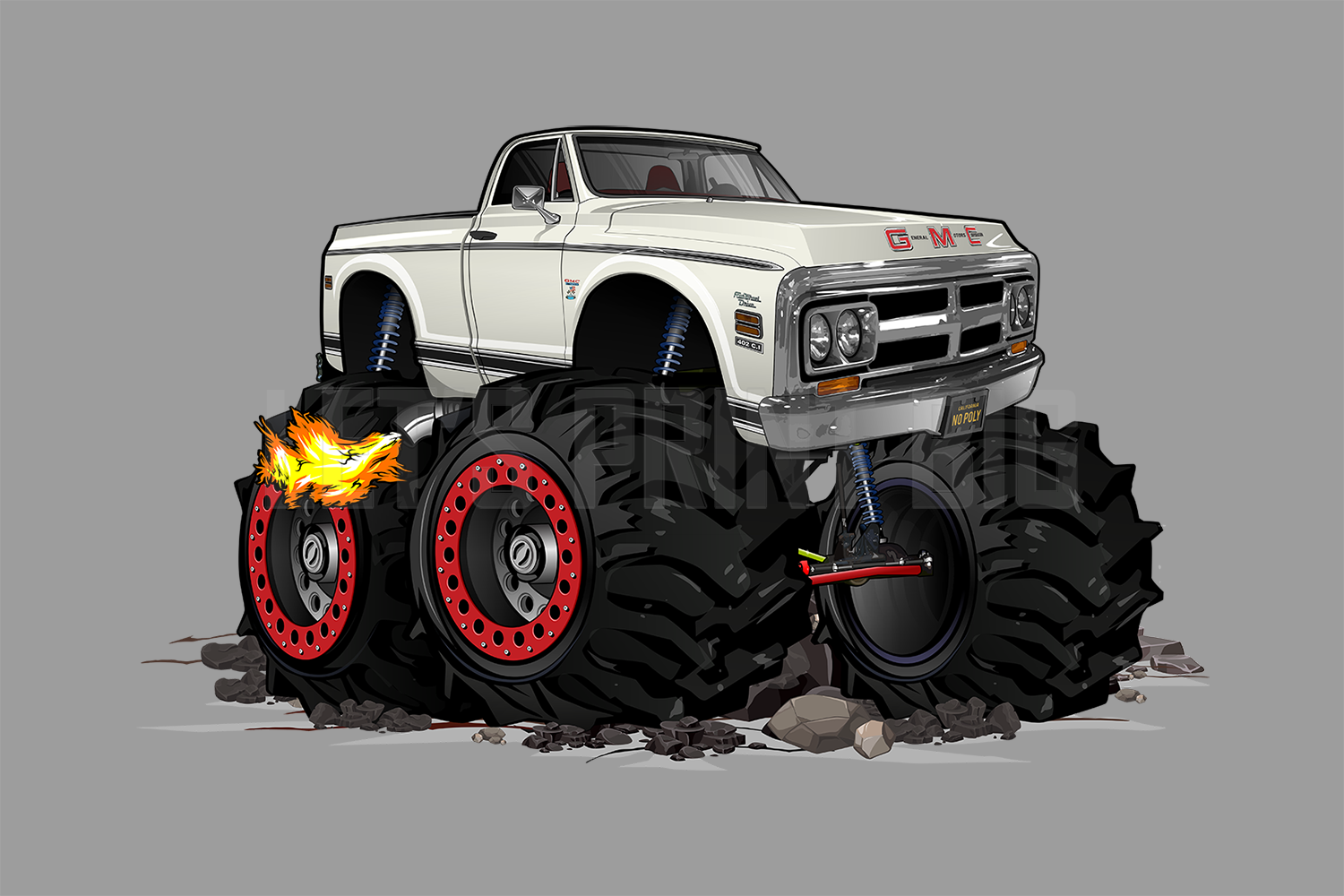 1972 GMC 4x4 Pickup Monster Truck on Rocks With Flames Car Art Wall Decal