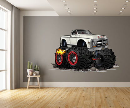 1972 GMC 4x4 Pickup Monster Truck on Rocks With Flames Car Art Wall Decal
