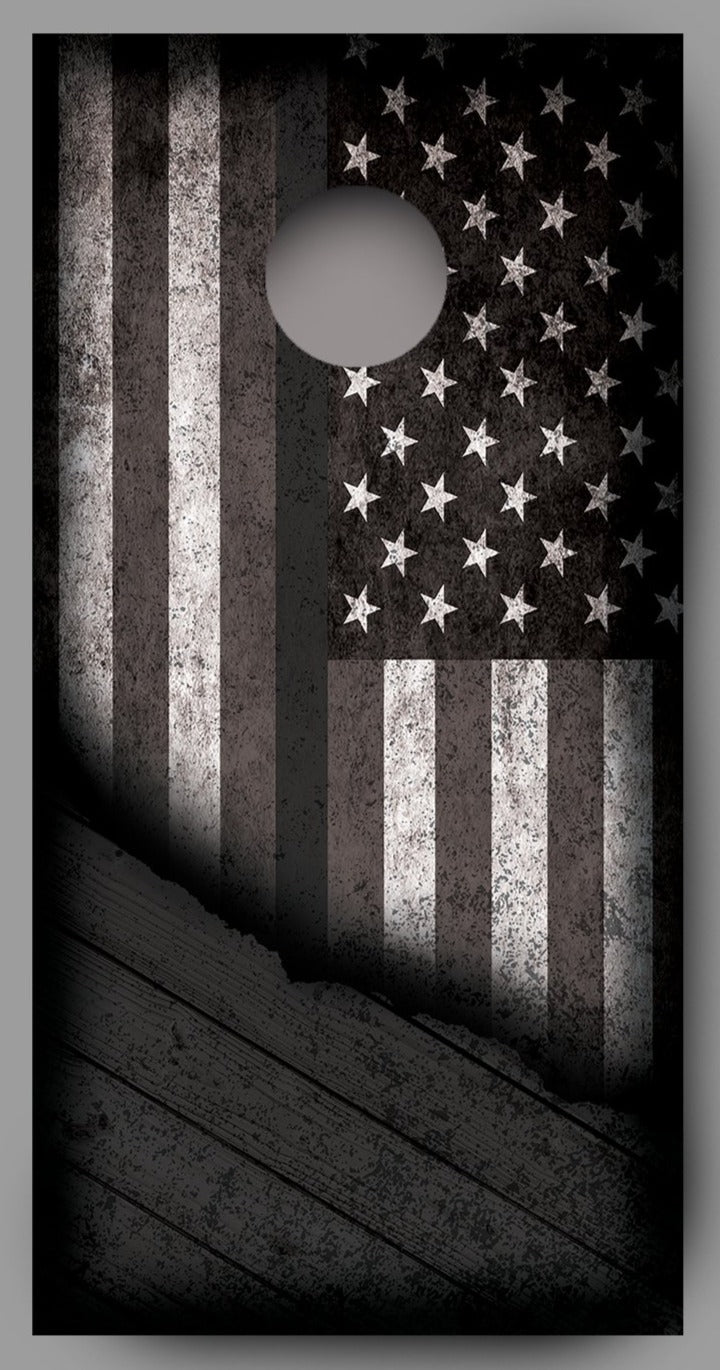 Distressed American Flag with Gray Line Corn Hole Wrap