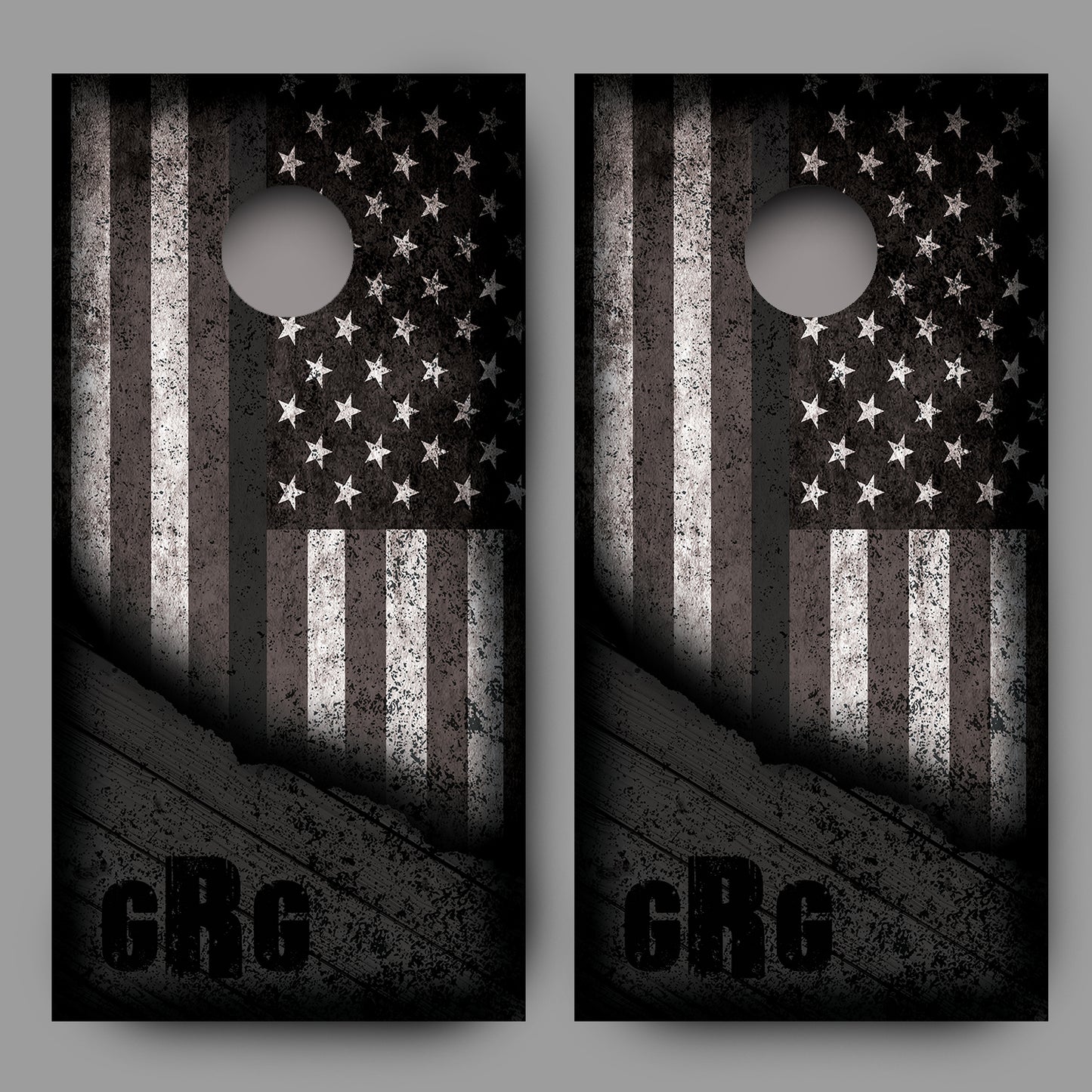 Custom Initialed Distressed American Flag with Gray Line Corn Hole Wrap