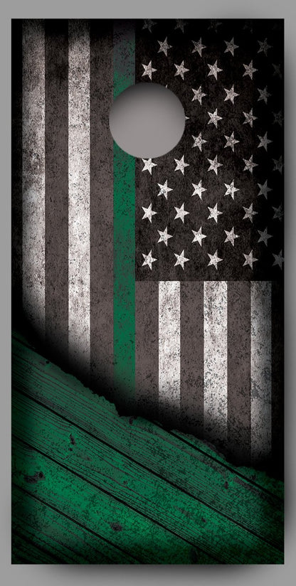 Distressed American Flag with Green Line Corn Hole Wrap