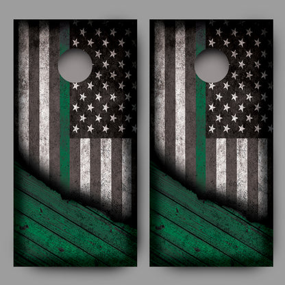 Distressed American Flag with Green Line Corn Hole Wrap