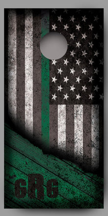 Custom Initialed Distressed American Flag with Green Line Corn Hole Wrap