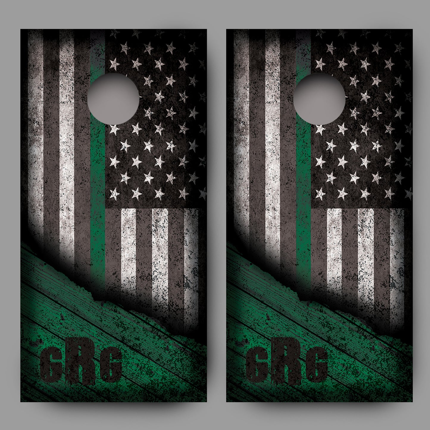 Custom Initialed Distressed American Flag with Green Line Corn Hole Wrap