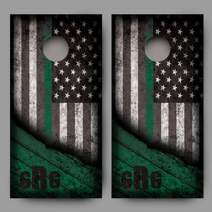 Custom Initialed Distressed American Flag with Green Line Corn Hole Wrap