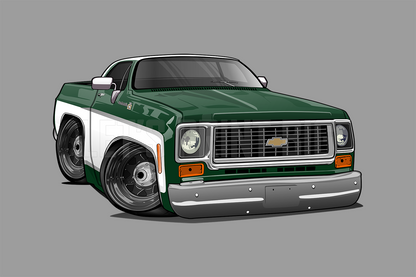 Car Art Green White Square Body Pickup Truck Cartoon Wall Decal