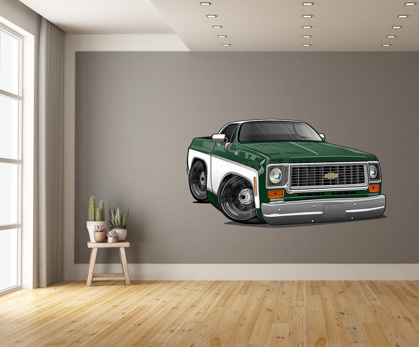 Car Art Green White Square Body Pickup Truck Cartoon Wall Decal