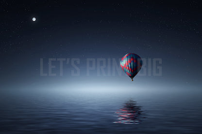 Hot Air Balloon Over Water at Night Custom Wallpaper