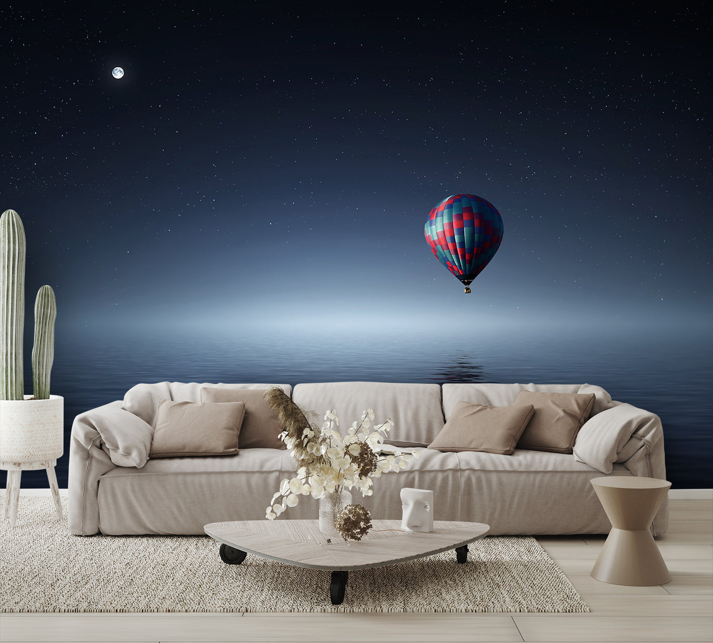 Hot Air Balloon Over Water at Night Custom Wallpaper