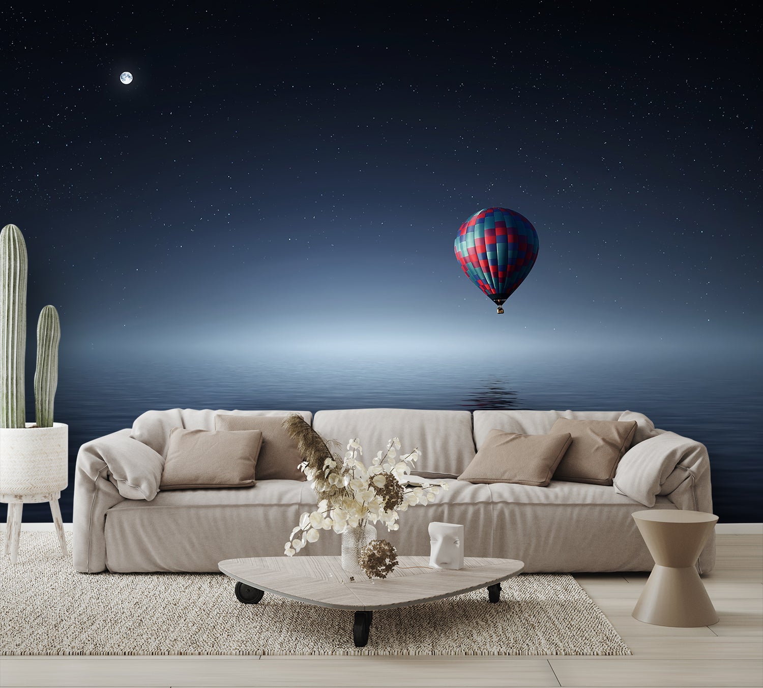 Hot Air Balloon Over Water at Night Custom Wallpaper