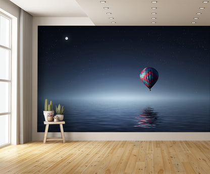 Hot Air Balloon Over Water at Night Custom Wallpaper