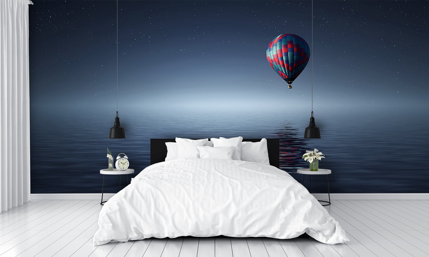 Hot Air Balloon Over Water at Night Custom Wallpaper