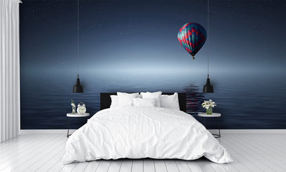 Hot Air Balloon Over Water at Night Custom Wallpaper
