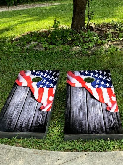 American Flag Corn Hole Vintage Barn Wood Siding Decal Wrap - Let's Print Big
