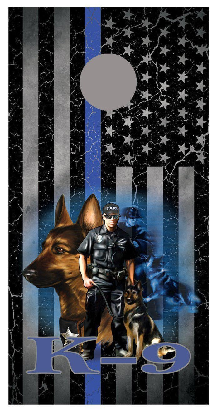 K9 Thin Blue Line Cracked American Flag Corn hole Decal Wrap