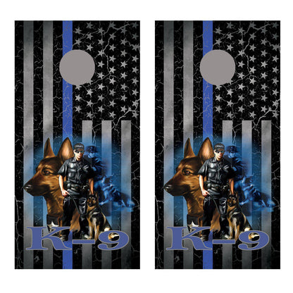 K9 Thin Blue Line Cracked American Flag Corn hole Decal Wrap