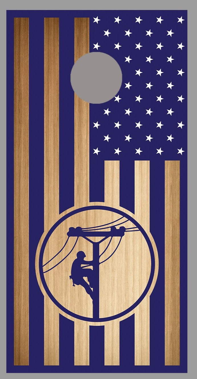 Lineman American Flag Blue White Stars Wood Corn Hole Decal Wrap