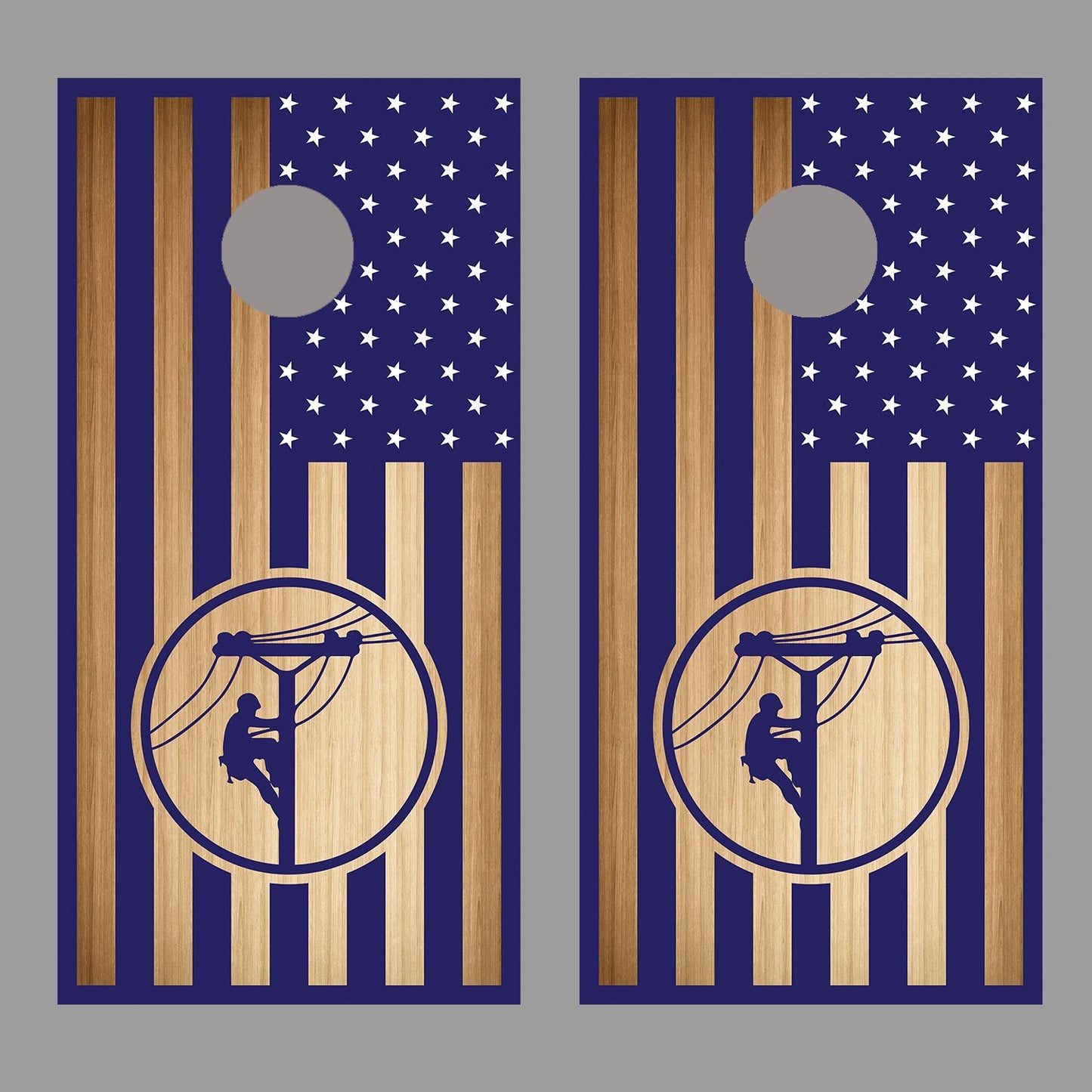 Lineman American Flag Blue White Stars Wood Corn Hole Decal Wrap