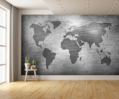 Map of the World Over Metal Texture Wallpaper