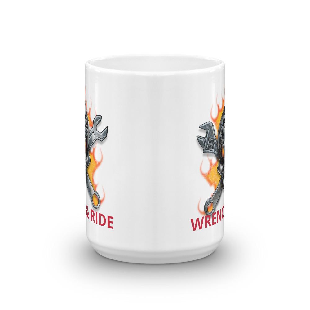 Wrench and Ride Skull Flames Crossbones Mug 11 oz 15 oz
