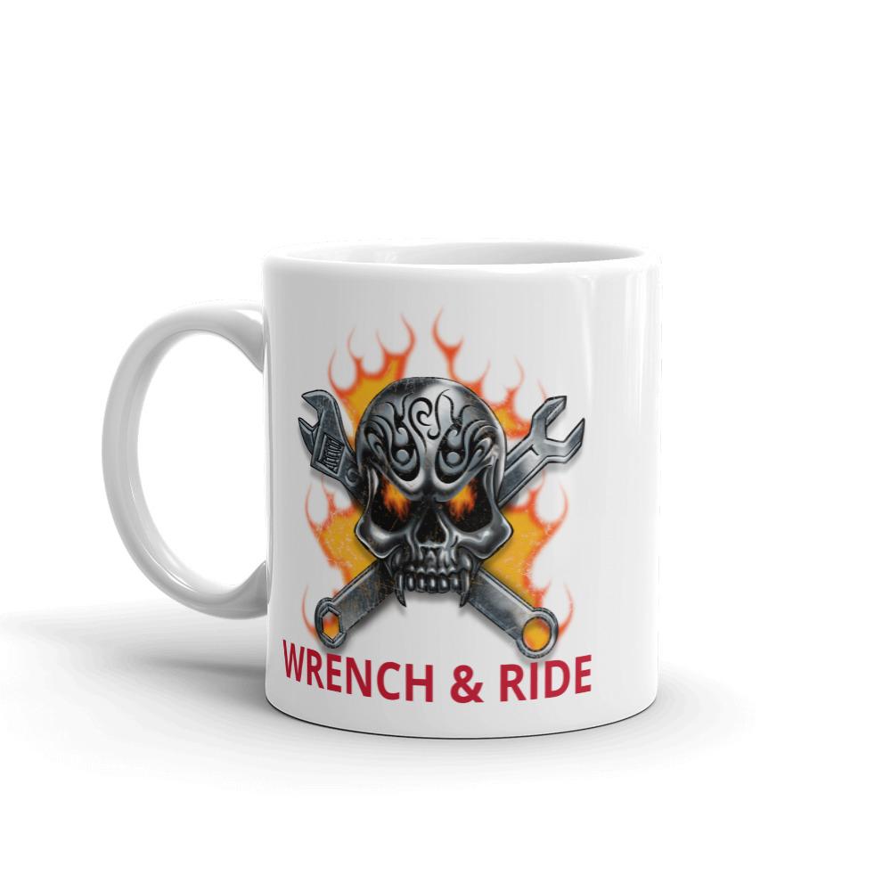 Wrench and Ride Skull Flames Crossbones Mug 11 oz 15 oz