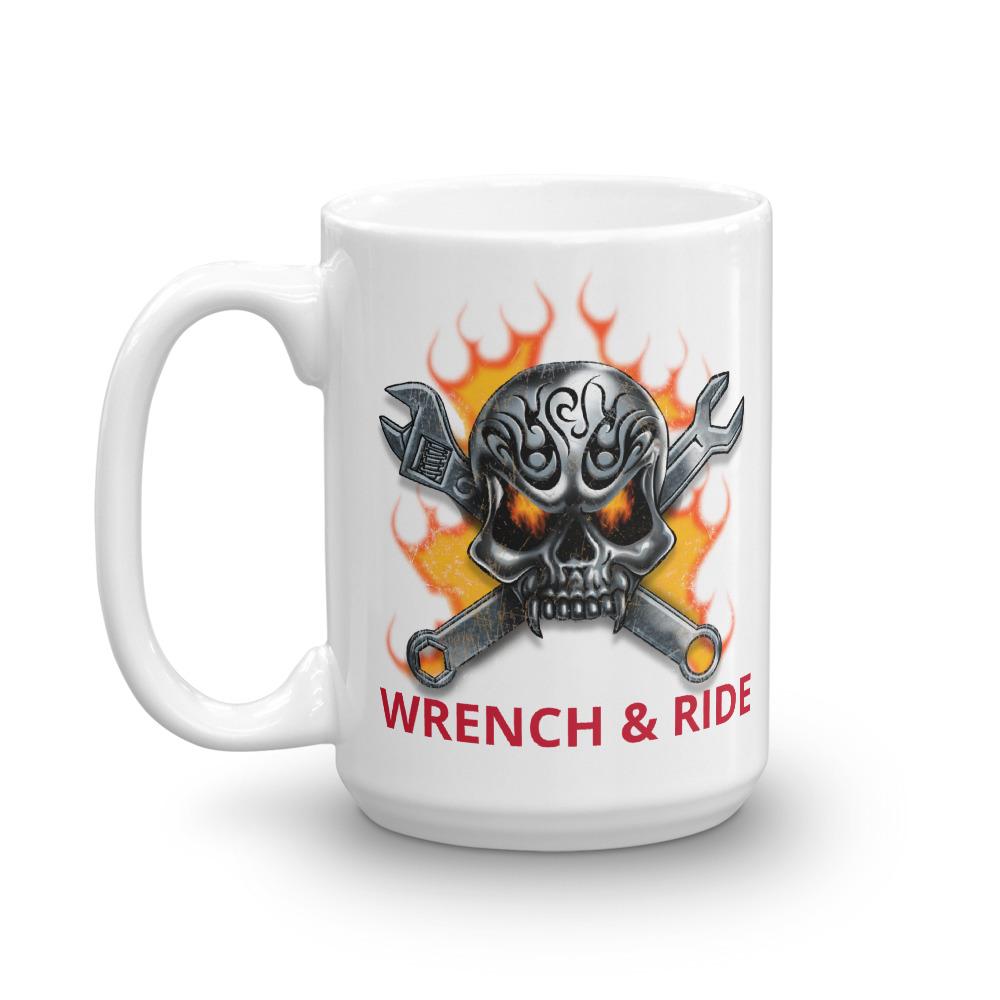 Wrench and Ride Skull Flames Crossbones Mug 11 oz 15 oz