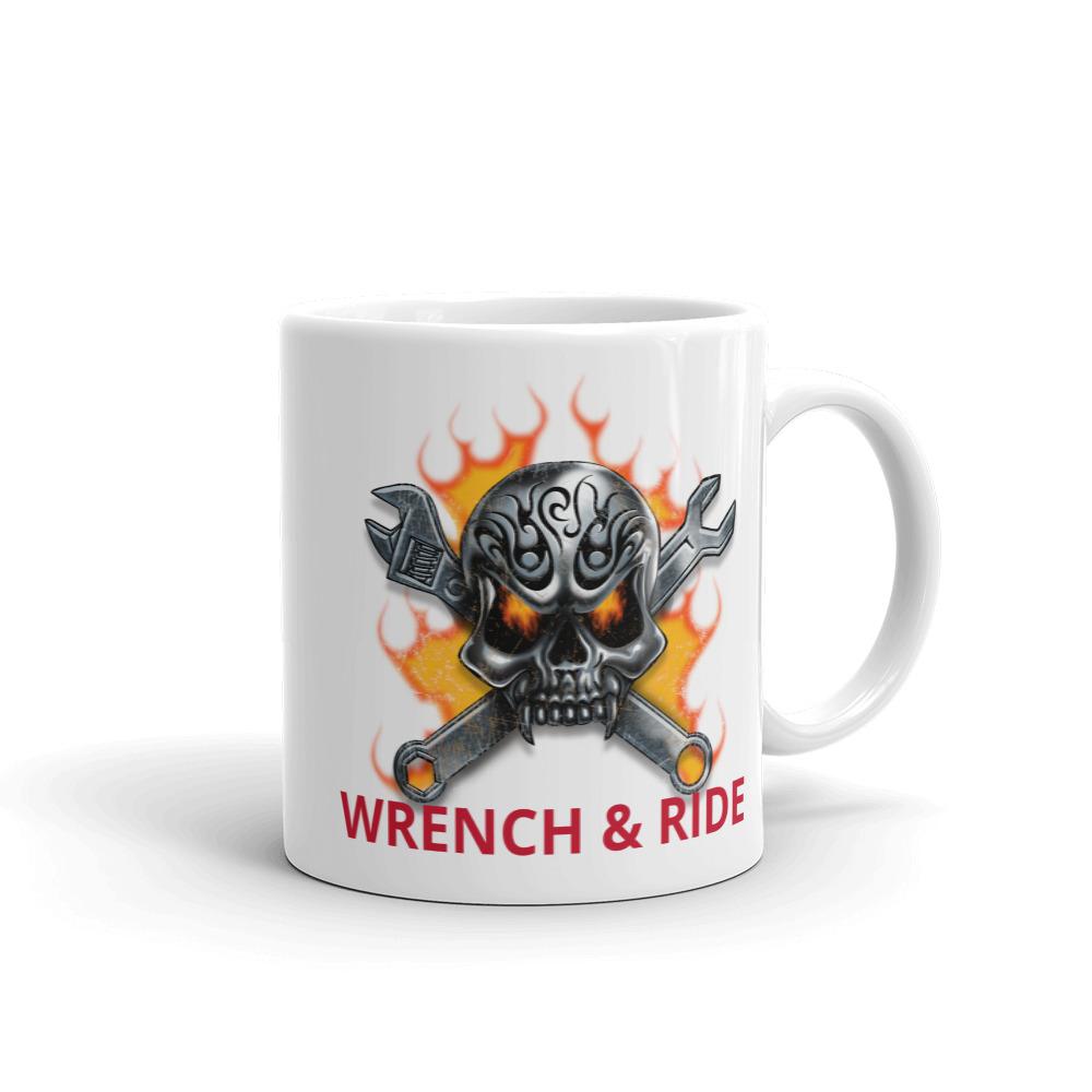 Wrench and Ride Skull Flames Crossbones Mug 11 oz 15 oz