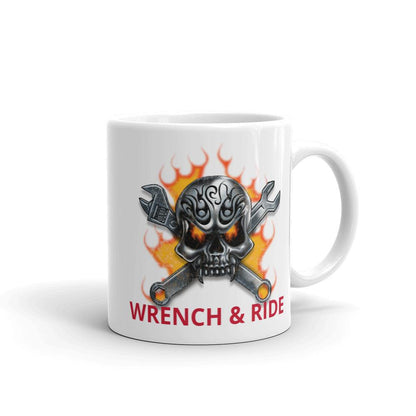 Wrench and Ride Skull Flames Crossbones Mug 11 oz 15 oz