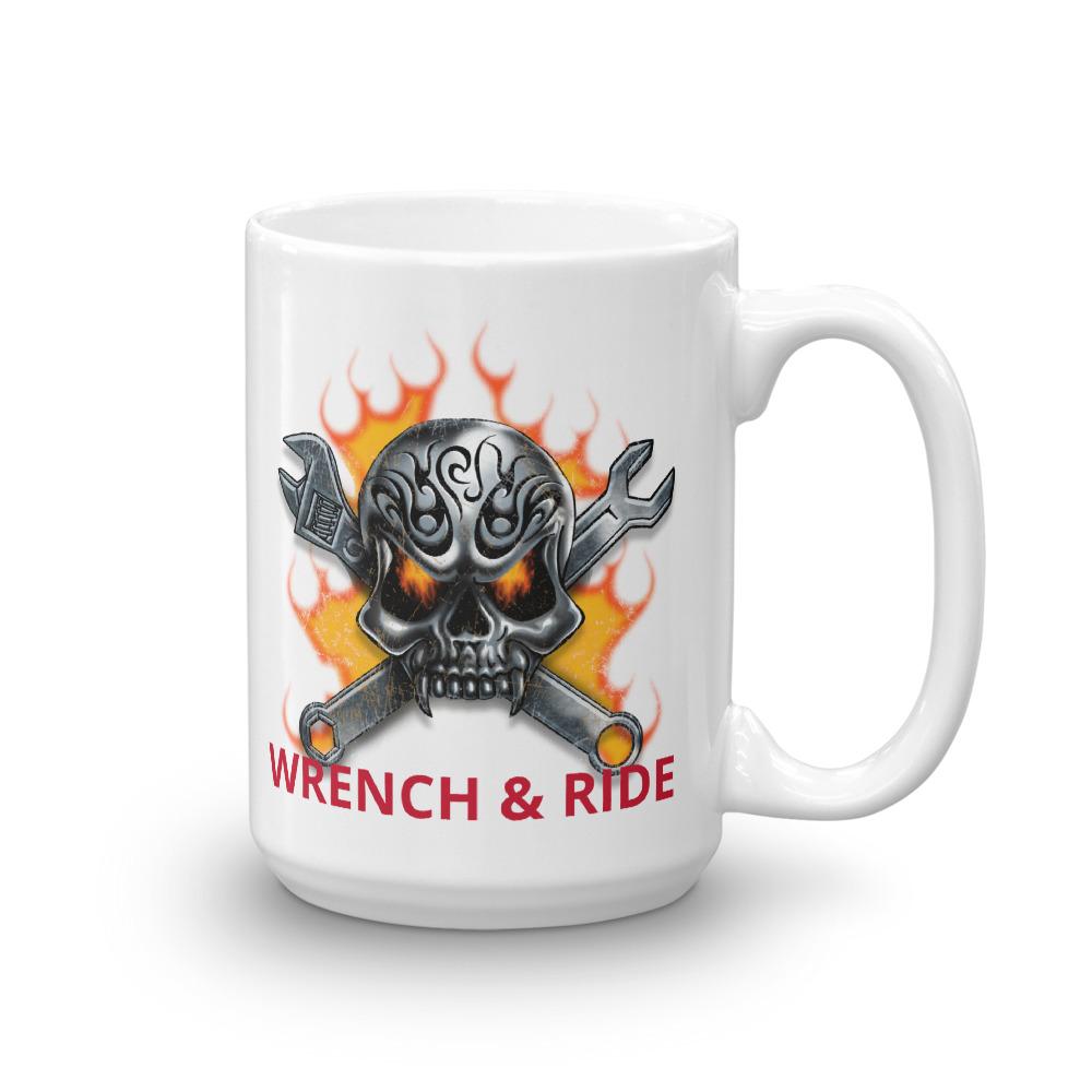 Wrench and Ride Skull Flames Crossbones Mug 11 oz 15 oz