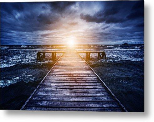 Old Wooden Jetty During Storm On The Ocean. Abstract Light - Metal Print