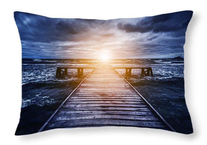 Old Wooden Jetty During Storm On The Ocean. Abstract Light - Throw Pillow