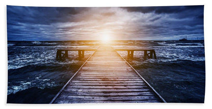 Old Wooden Jetty During Storm On The Ocean. Abstract Light - Beach Towel