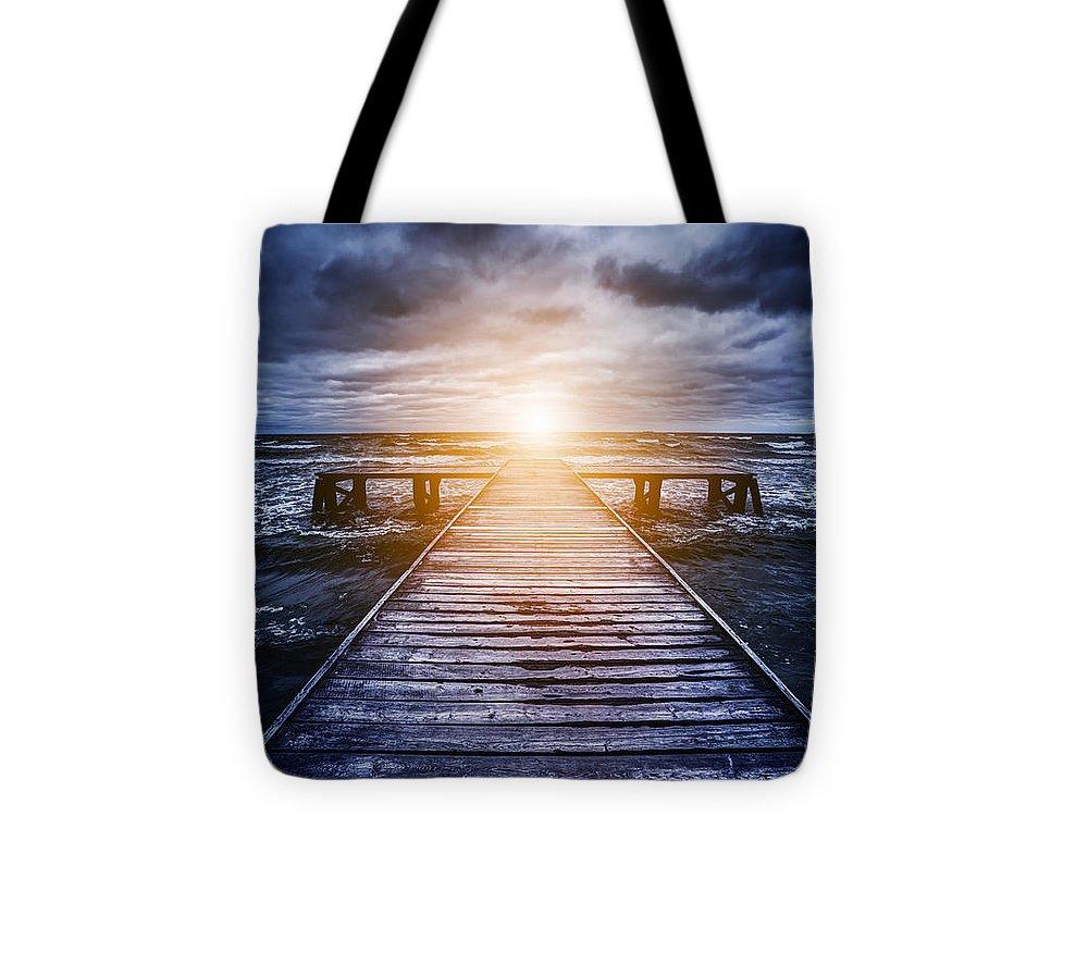 Old Wooden Jetty During Storm On The Ocean. Abstract Light - Tote Bag