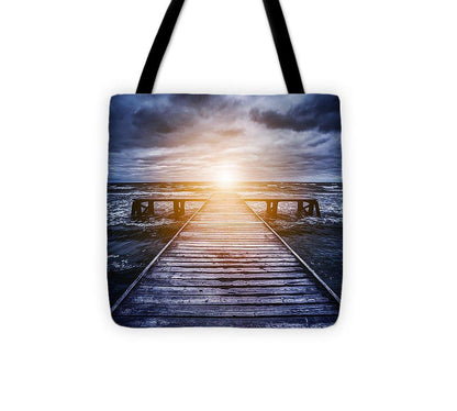 Old Wooden Jetty During Storm On The Ocean. Abstract Light - Tote Bag