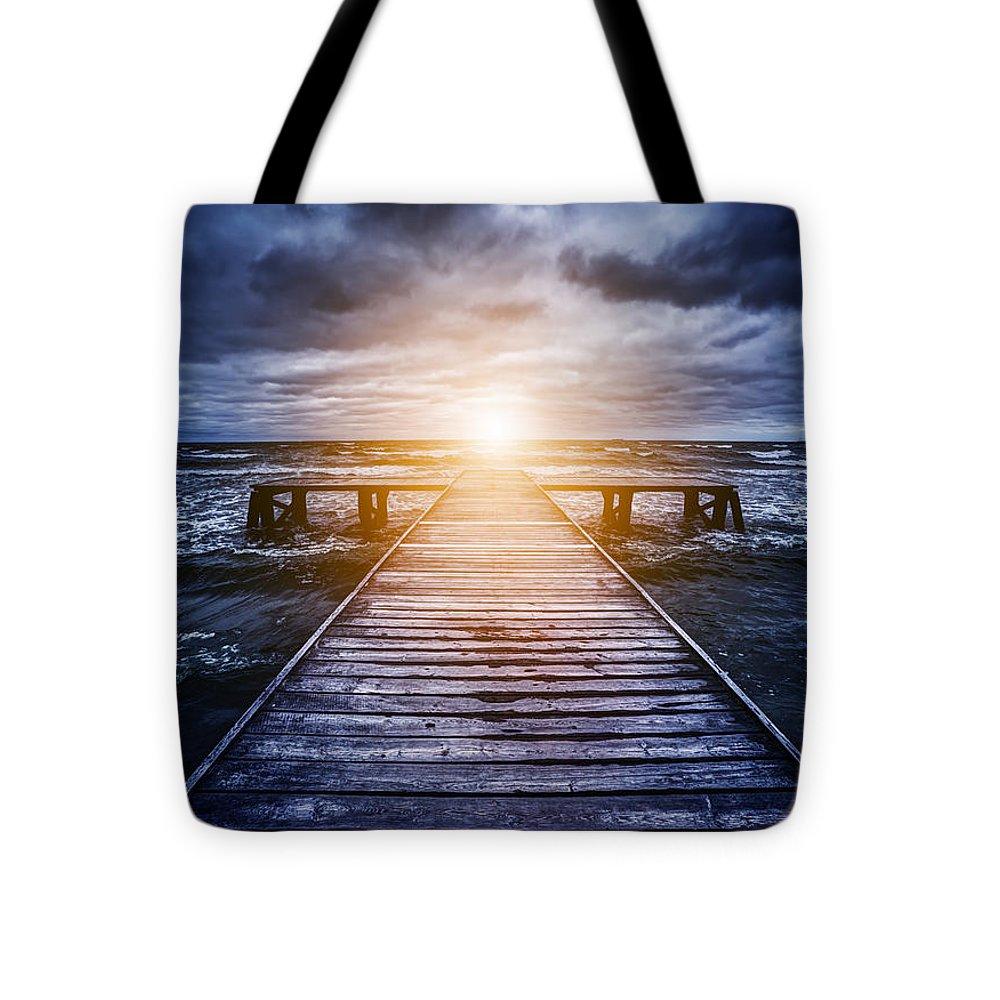 Old Wooden Jetty During Storm On The Ocean. Abstract Light - Tote Bag
