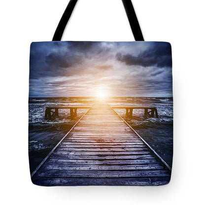 Old Wooden Jetty During Storm On The Ocean. Abstract Light - Tote Bag
