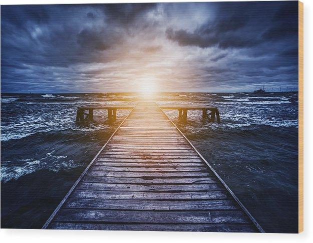 Old Wooden Jetty During Storm On The Ocean. Abstract Light - Wood Print