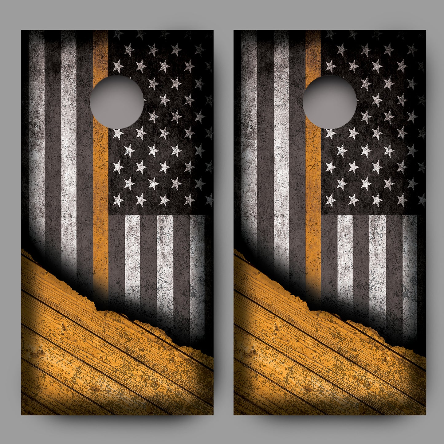 Distressed American Flag with Orange Line Corn Hole Wrap