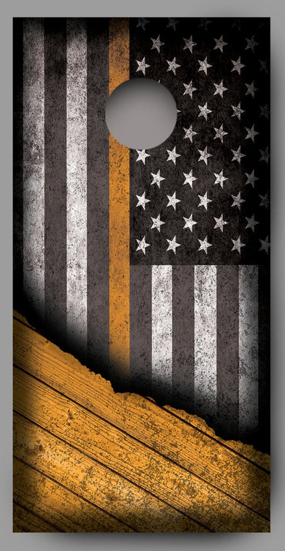 Distressed American Flag with Orange Line Corn Hole Wrap