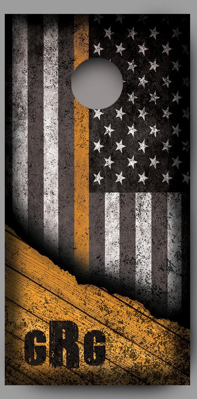 Custom Initialed Distressed American Flag with Orange Line Corn Hole Wrap