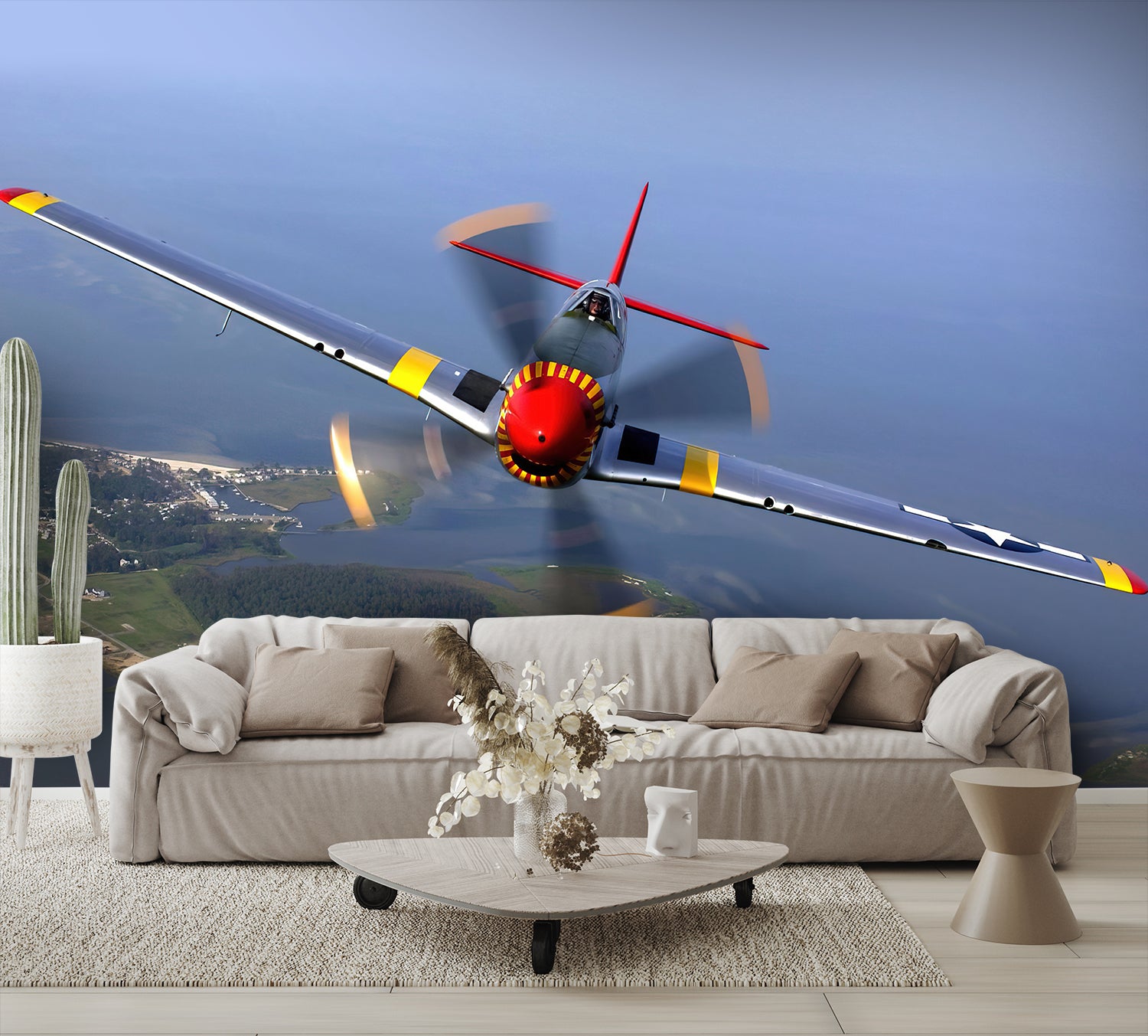 P-51 Mustang Airplane Flying over Water Custom Designed Wallpaper Mural