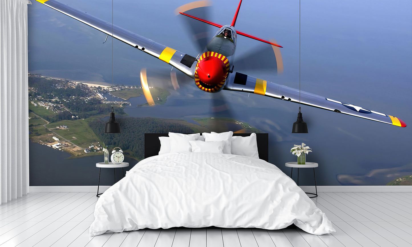 P-51 Mustang Airplane Flying over Water Custom Designed Wallpaper Mural