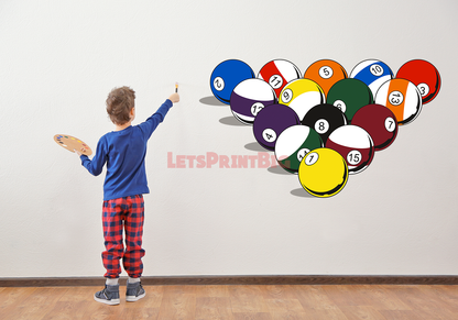POOL BALLS WALL DECAL REMOVABLE REPOSITIONABLE FATHEAD STYLE - Let's Print Big