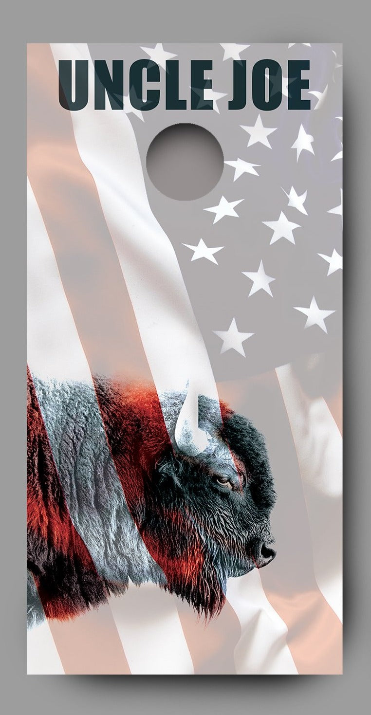 Sideview Buffalo with American Flag Customized With Your Name Cornhole Wrap