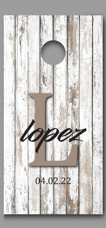 Custom Name and Date on Rustic White Wood Cornhole Board Decal Wraps